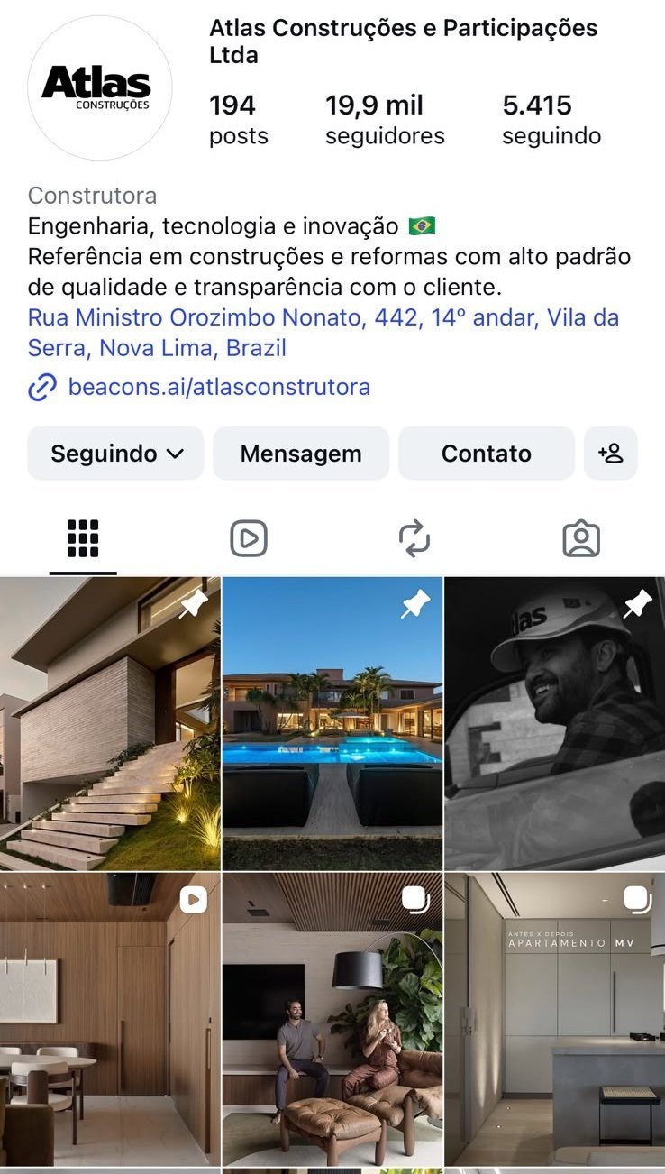 Perfil da Atlas Construtora no Instagram, com quase 20 mil seguidores